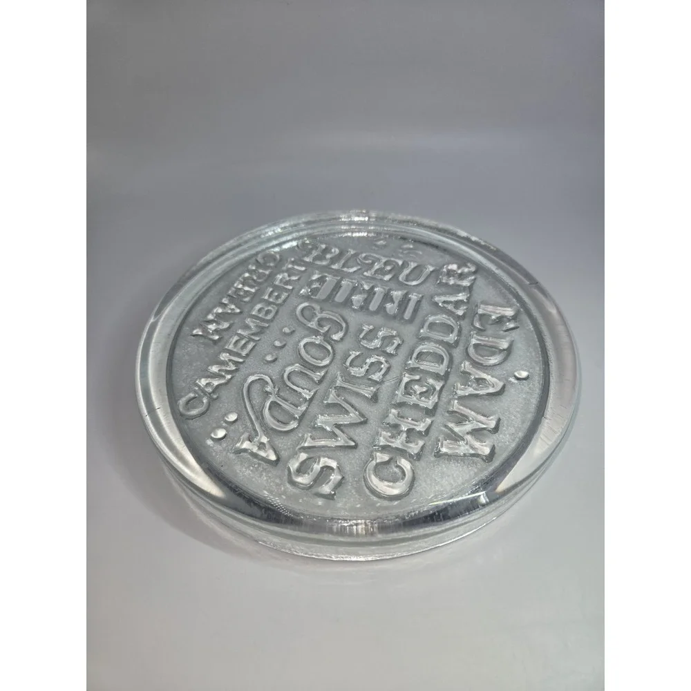 Clear Glass Cheese Varieties Round Serve Cutting‎ Board Embossed Mixed Font 11